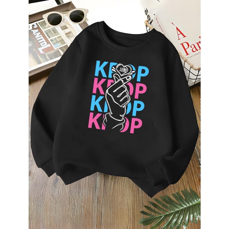 Унисекс свитшот с круглым вырезом для детей, K-pop, пальцевое сердце, Саранг, корейская буква, повторяющийся принт, мягкий флис, с длинным рукавом, пуловер для мальчиков и девочек старше 4 лет