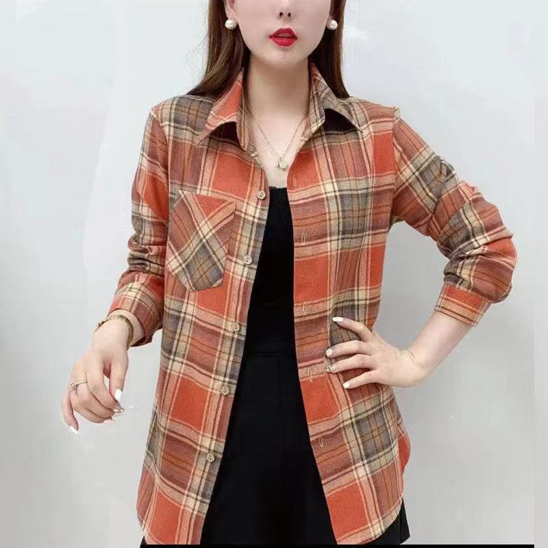 Весна Осень Элегантная Мода Harajuku Клетчатые Топы Женские Свободные Повседневные Универсальные Женские Рубашки Поло На Пуговицах Длинные Рукава Блузки