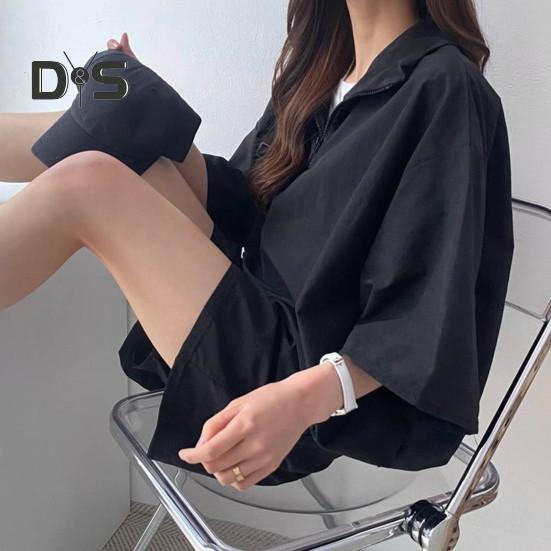 Комплект из 2 предметов: толстовка и шорты, свободный, однотонный, с отворотами, рукавами до локтя, карманами, эластичным поясом, воротником-молнией, дышащим, гладким, быстросохнущим, мягким, летним