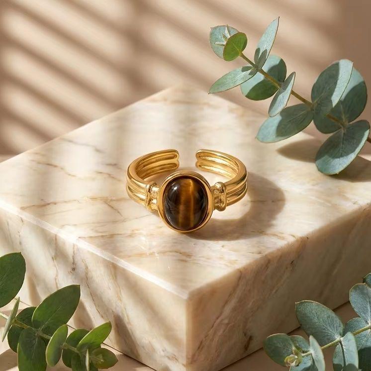 Maillard Oval Tiger's Eye Stainless Steel Ring for Women Vintage Adjustable Gold Plated Finger Ring Party Jewelry Gift