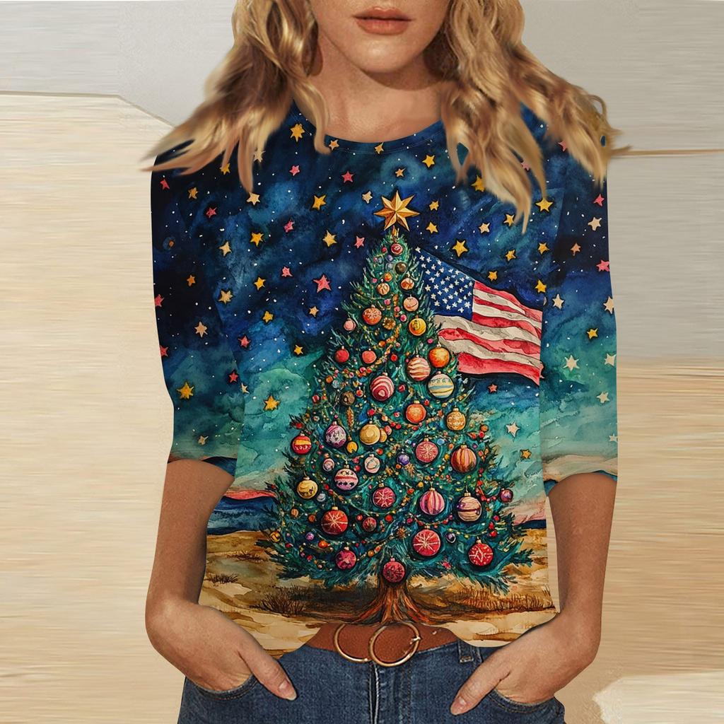 Женская мода повседневная три четверти рукава рождественский принт круглый вырез пуловер топ