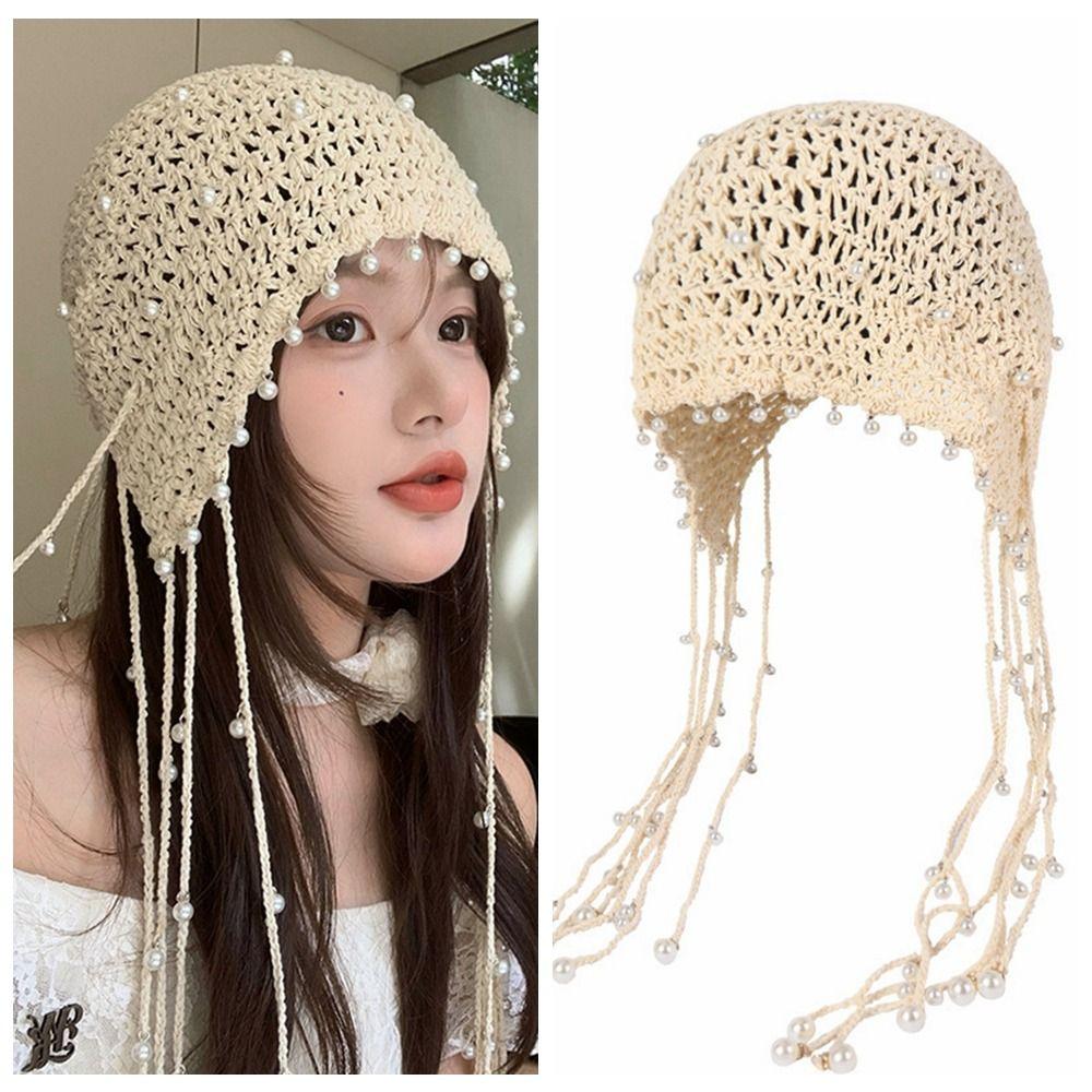 Beanies Knit Cap Hollow Out Ethnic Style Hat Hollow Pearl Tassels Knitted Hat Apparel Accessories