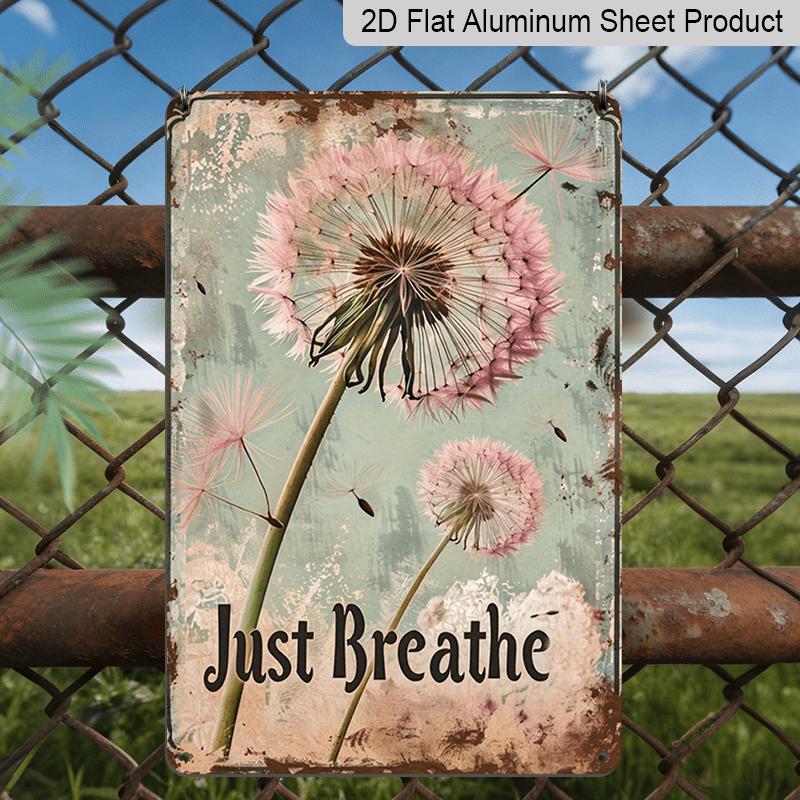 2D Flat Motivational Pink Dandelion Metal Wall Art, Wishing Dandelion Aluminum Sign, 12x8 Inch, "just Breathe" Dandelion Wish Sign, Ideal for Indoor