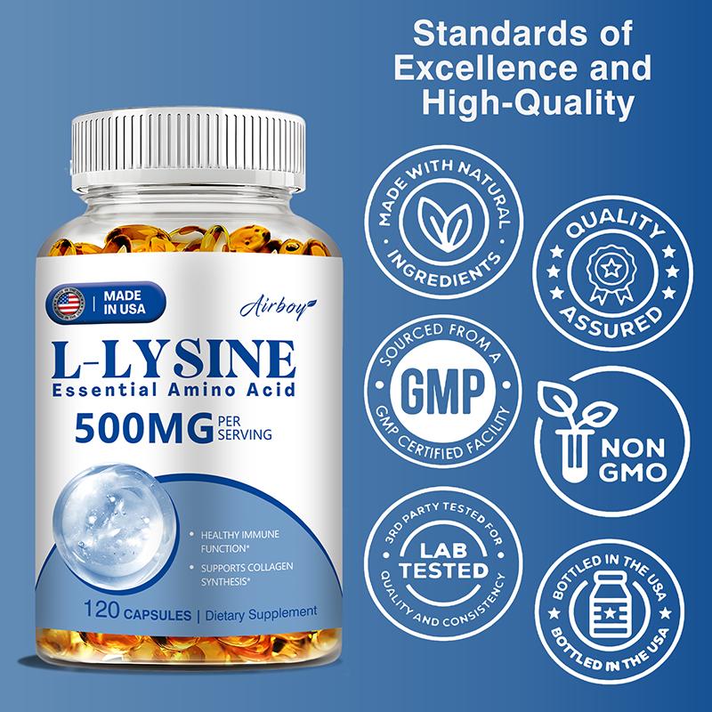 Airboy L-Lysine 500mg Capsules 120 Count — Immune Support, Collagen Support, Daily Wellness