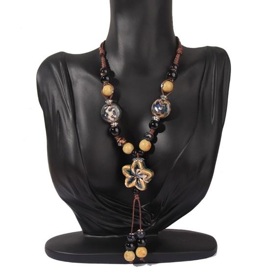Винтажное ожерелье из бисера в стиле бохо из керамики с плетеным шнуром и цветком в виде длинного Y-образного ожерелья ручной работы