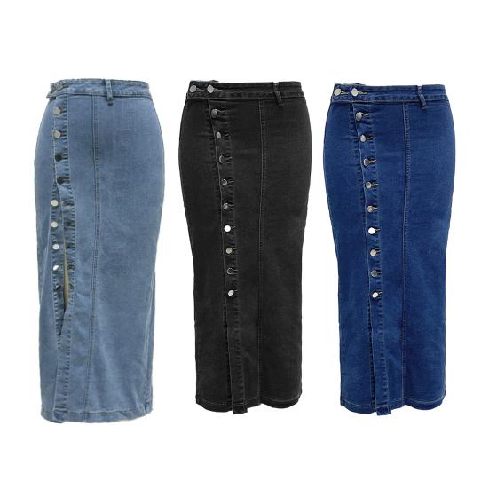 Женская джинсовая юбка с высокой талией, планкой на пуговицах, однотонная юбка миди с неровным разрезом, юбка длиной до середины икры
