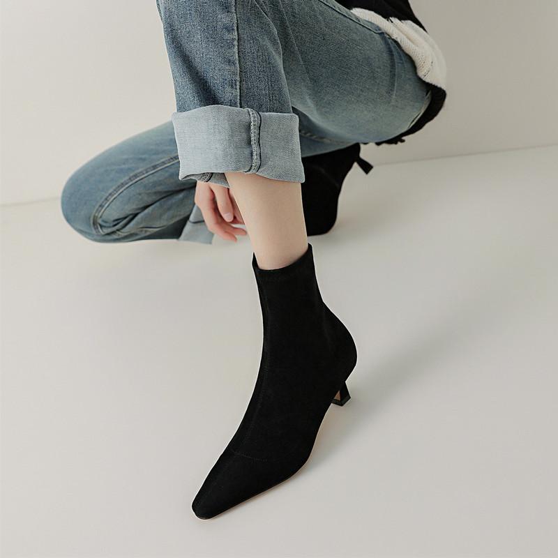 Короткие заостренные сапоги женские ботильоны на каблуке-кошке босоножки на осень и зиму на низком каблуке высокие каблуки европейские товары маленький каблук кофейные носки сапоги тонкие ботильоны