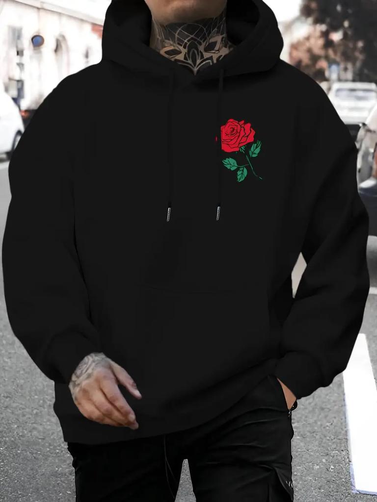 Casual Rose Print Hoodie - Stylish Drawstring Pullover with Kangaroo Pocket