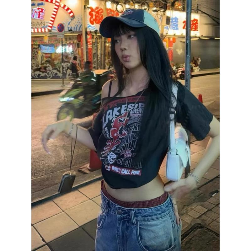Y2k черные укороченные футболки с открытыми плечами, женские винтажные футболки с графикой в американском стиле, уличная одежда, гранж-эстетические топы с короткими рукавами