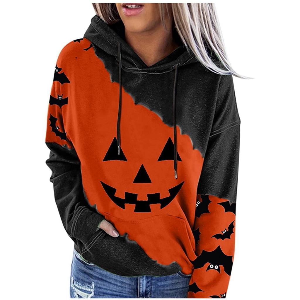 Women's Casual Fashion 2022 Halloween Print Long Sleeve Pullover Hooded Top