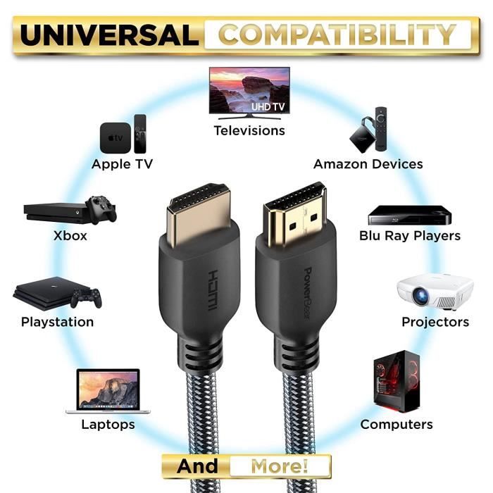 Câble HDMI - PowerBear - 1 m - 4K 60Hz - Nylon tressé - Connecteurs plaqués or