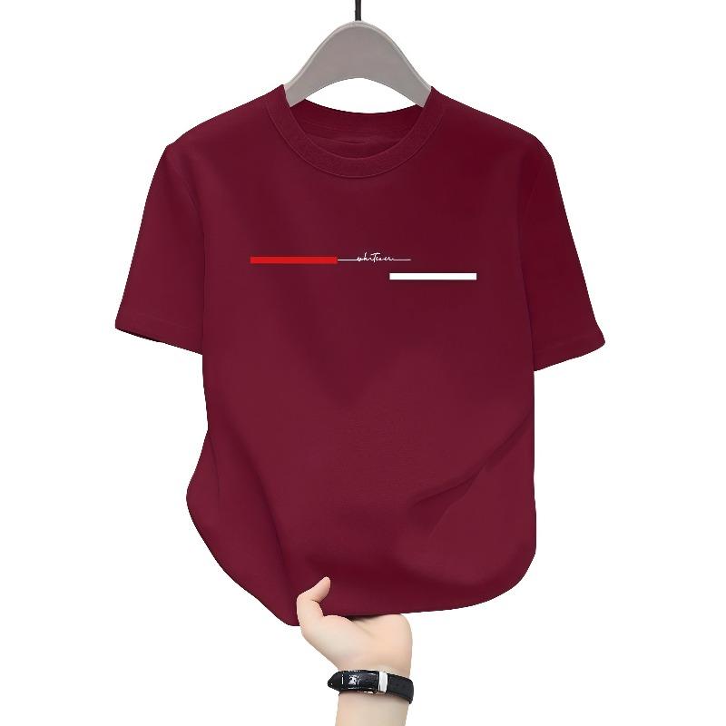Unisexs pure cotton Tshirt with short sleeves simple red and white lines trendy printed Tshirt casual street wear