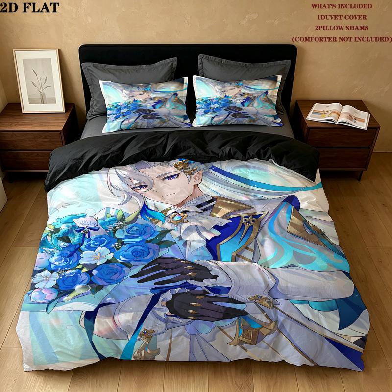 Genshin Pattern Bedding Quilt Set Quilt Cover Pillowcase Home Birthday Gift(1 * duvet cover + 2 * pillowcase, without core)