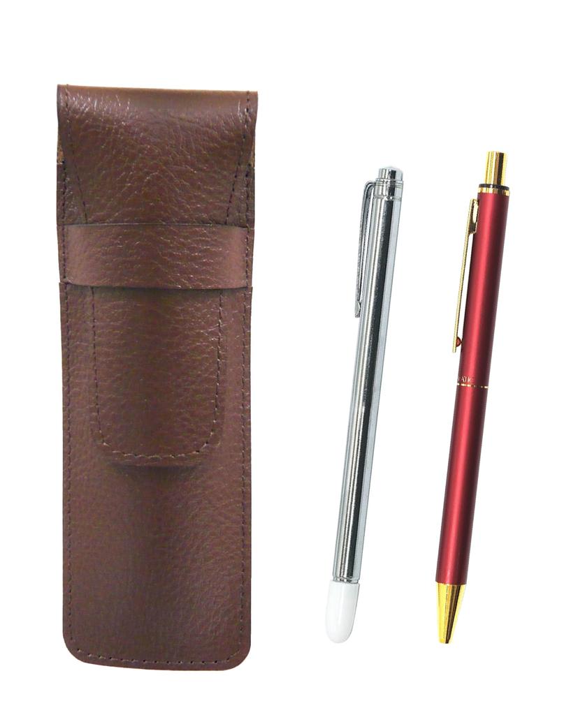 Пенал из зернистой коровьей кожи шоколадного цвета с металлической указкой и шариковой ручкой стандартного размера NQ25 с металлическим прямым стуком и двойным анодированным кольцом