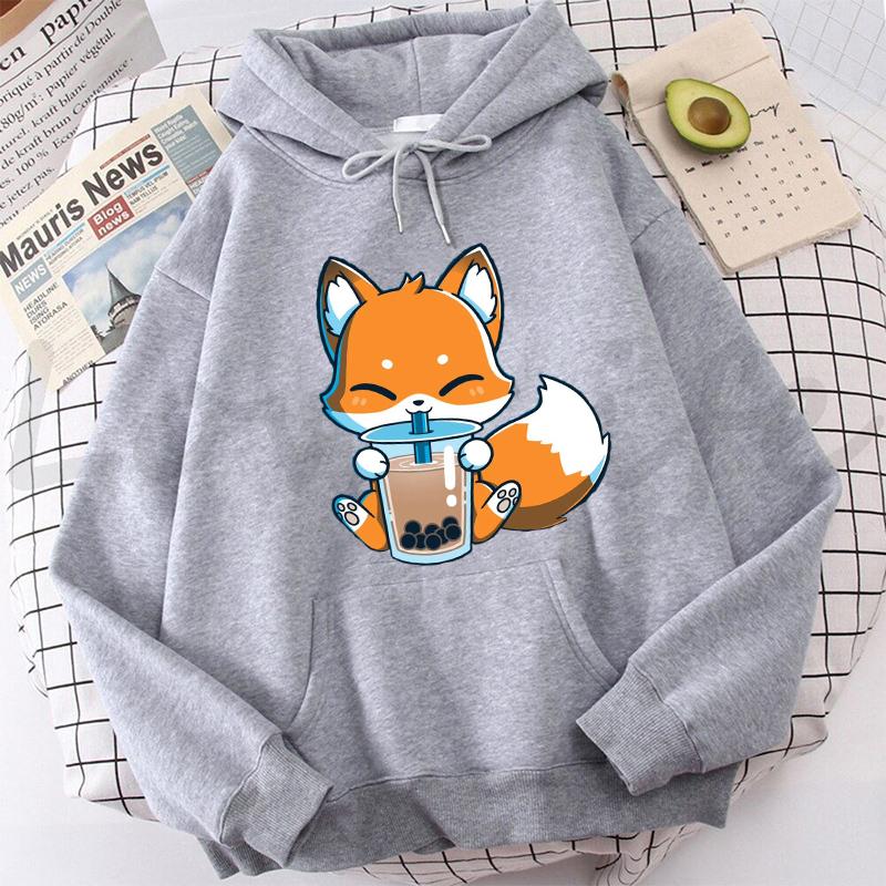 Boba Milk Tea Print Женские толстовки с капюшоном Одежда в корейском стиле Kawaii Plus Size Толстовка Милая мультяшная лиса Графический женский уличный стиль
