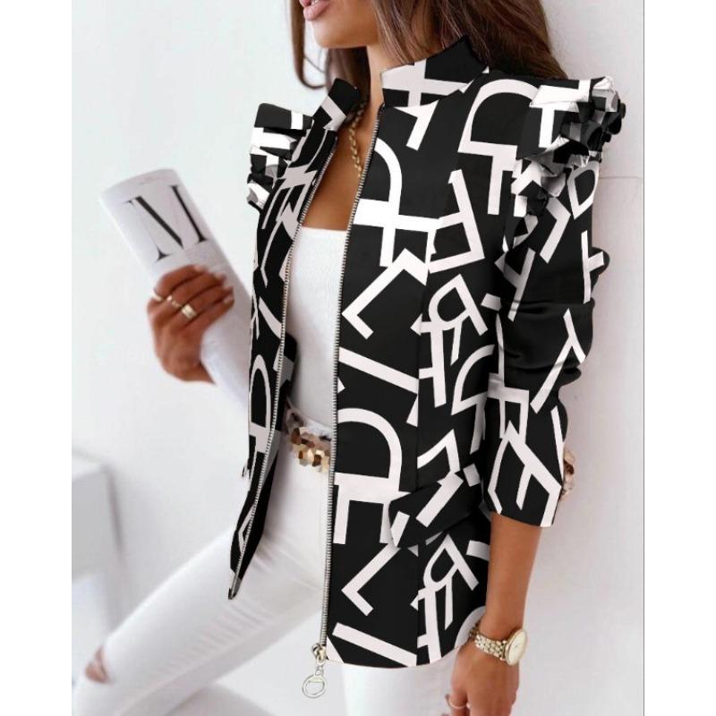 IHUASU Autumn Winter Ruffled Long Sleeve Zipper Print Suit Small Coat for Women