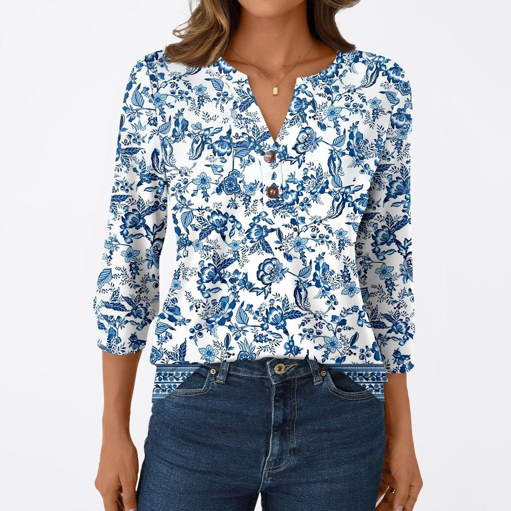 Женская модная повседневная футболка с рукавом 3/4, с принтами, V-образным вырезом и пуговицами