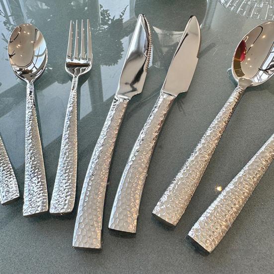 Western Food Tableware Stainless Steel Serrated Steak Knife Sharp Fork Tines Curved Spoon Dishwasher Safe Hammered Texture