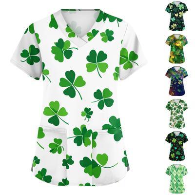 Женская мода с v-образным вырезом, короткими рукавами и карманами, топы с принтом