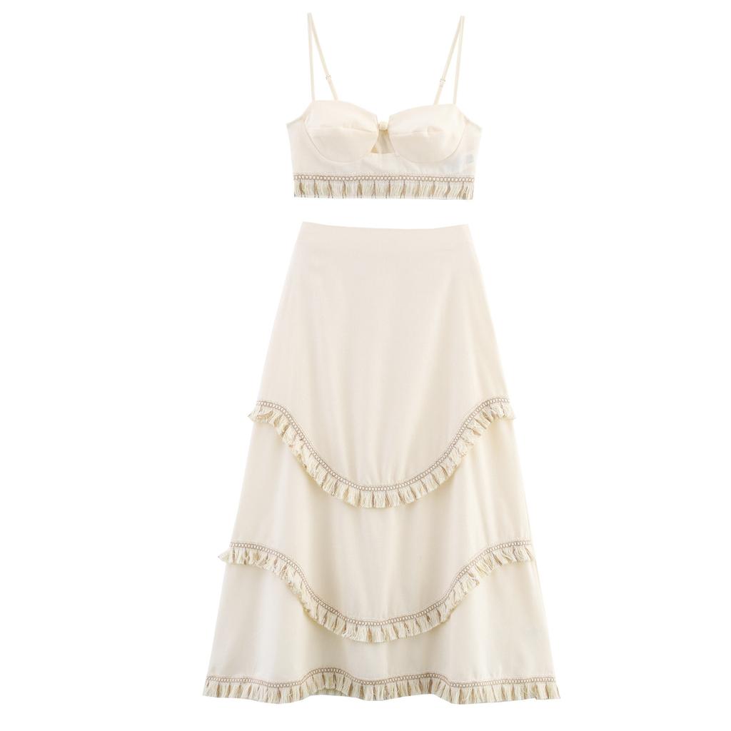 European and American French women's fashion holiday style fringed decorative suspender skirt two-piece set