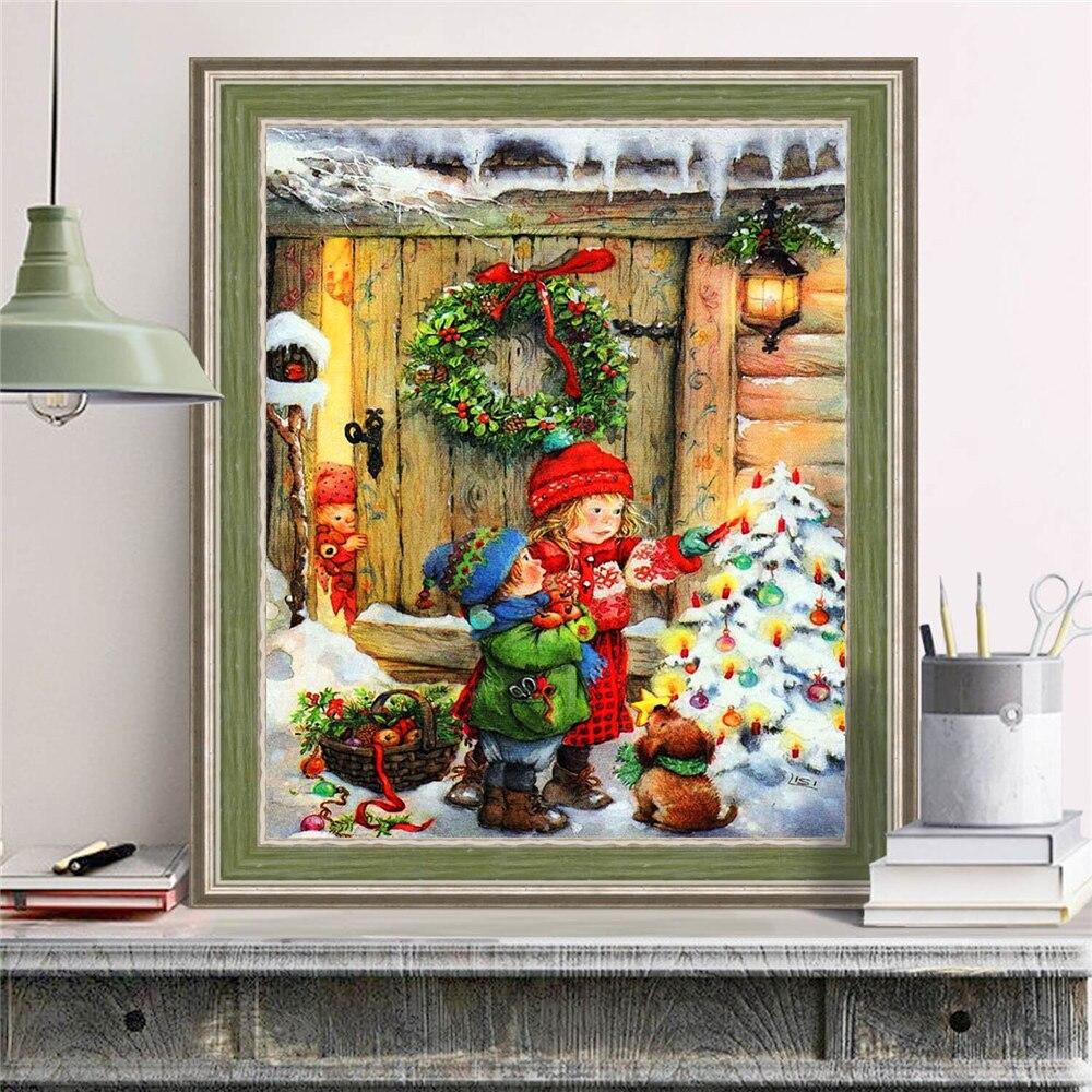 5D DIY Алмазная картина Рождественская елка Венок Полный квадратный крестик Алмазная вышивка Пейзаж Снежный декор дома