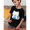 Children Crew Neck Short Sleeve T-Shirt with Cartoon Cat Drinking Drink Print
