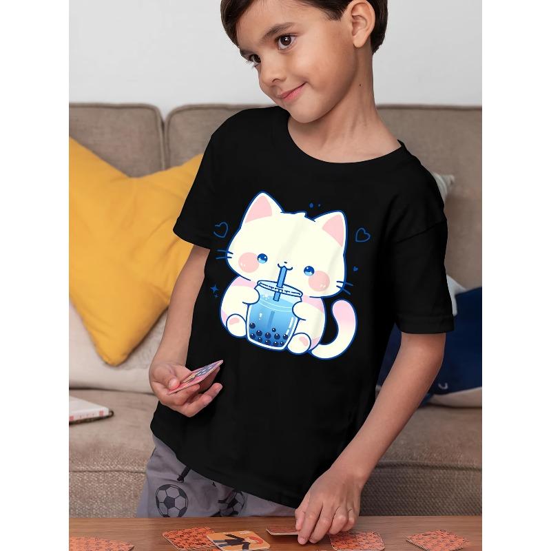 Children Crew Neck Short Sleeve T-Shirt with Cartoon Cat Drinking Drink Print