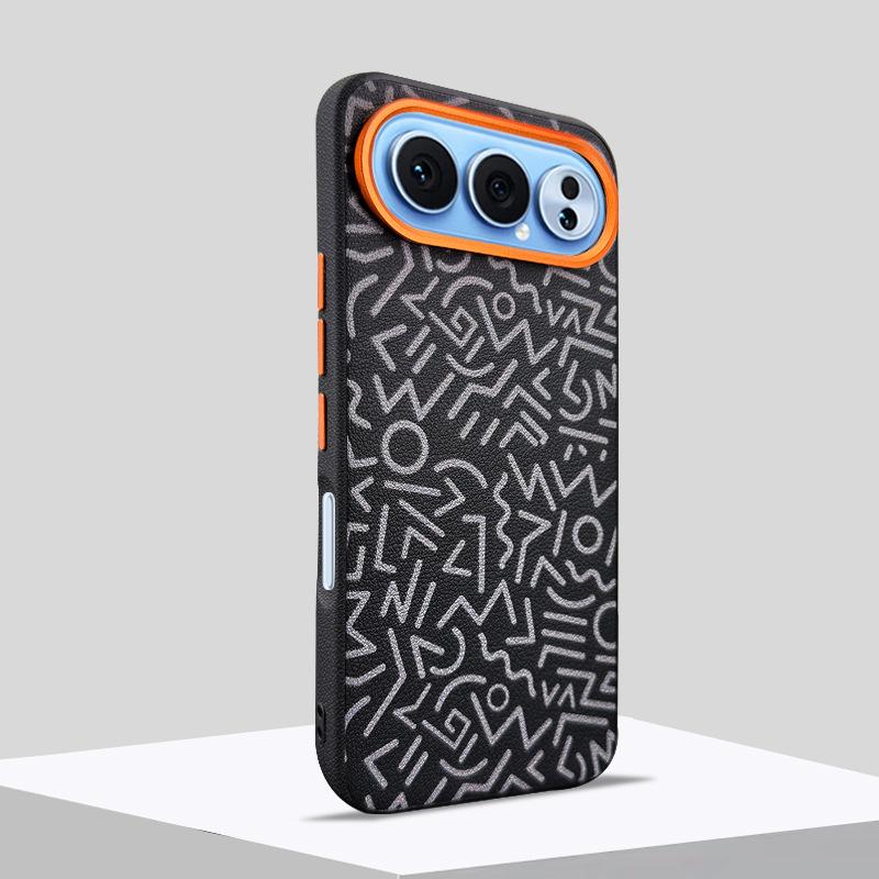 Plain Leather Graffiti Painting Case for Honor 500 Pro, Huawei Magic 8 Pro 7 RSR Magnetic Wireless Charging Metal Lens Cover