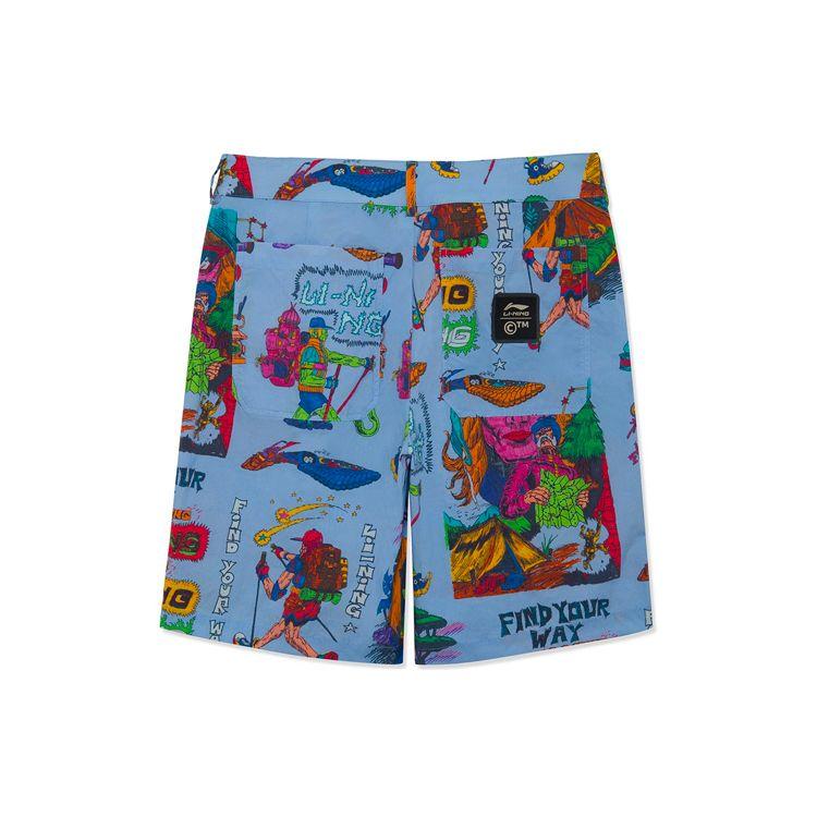 Li Ning X Chinatown Market Collaboration Fun Pattern Printed Loose Sports Shorts Men Shorts Blue AKSR695-2