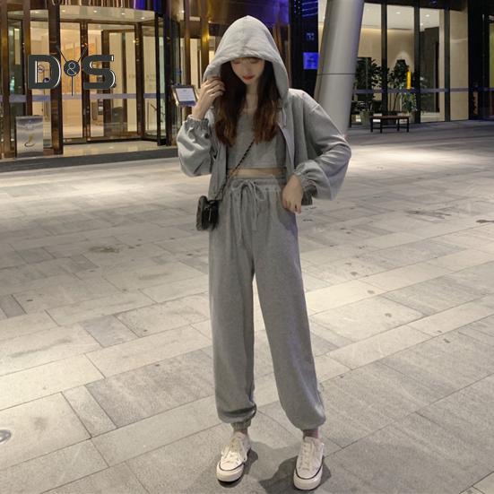 3 Pcs/Set Women Fall Tracksuit Sleeveless Vest Hooded Long Sleeve Zip-up Coat Elastic Waist Ankle-banded Trousers Daily Wear Sport Outfit