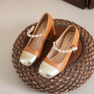 Модные туфли на толстом каблуке в сочетании цветов, женские модные туфли с круглым носком и неглубоким вырезом, на нескользящем износостойком высоком каблуке