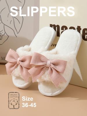 Милые Зимние Домашние Теплые Тапочки на Толстой Нескользящей Подошве с Бантом