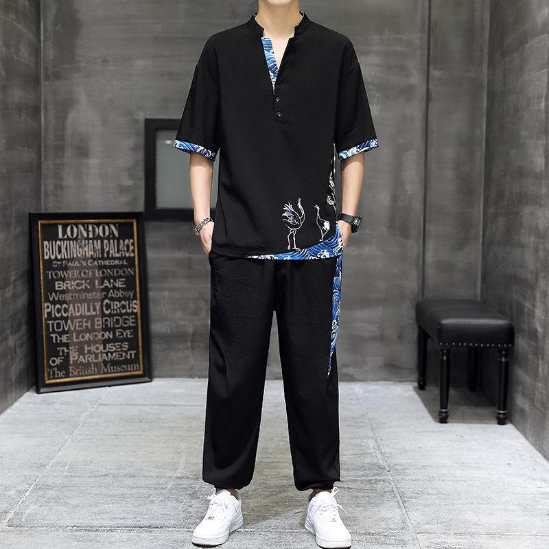 Рубашки + брюки Осенняя хлопковая льняная спортивная одежда Мужские повседневные комплекты Весенняя мужская мода Брюки и рубашки для мужчин