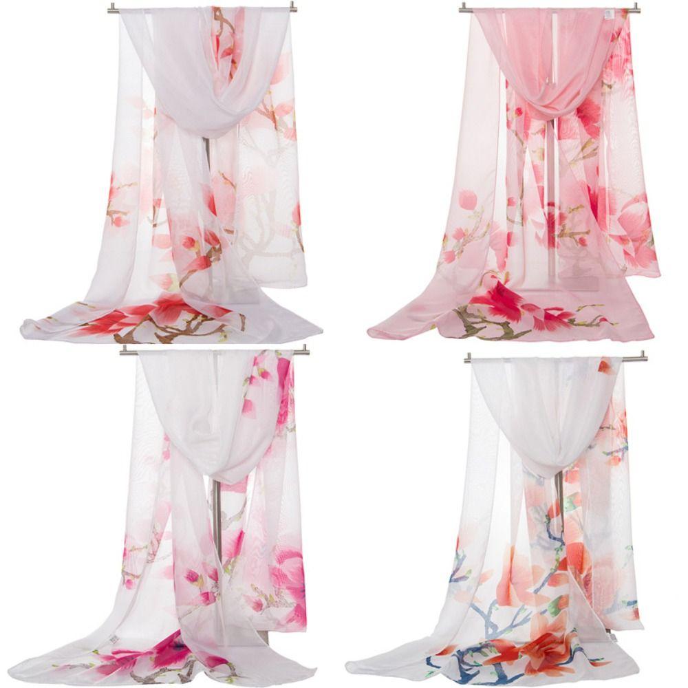Flower Print Long Wrap Shawl 160*50cm Beach Gauze Scarf Elegant Shawl Silk for Women