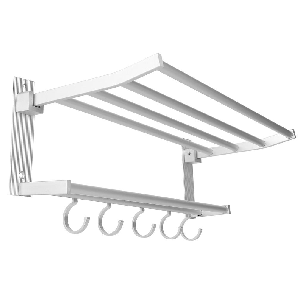 40cm Shower Shelf Foldable Aluminum Bathroom Towel Coat Rack with 5 Hooks Silver