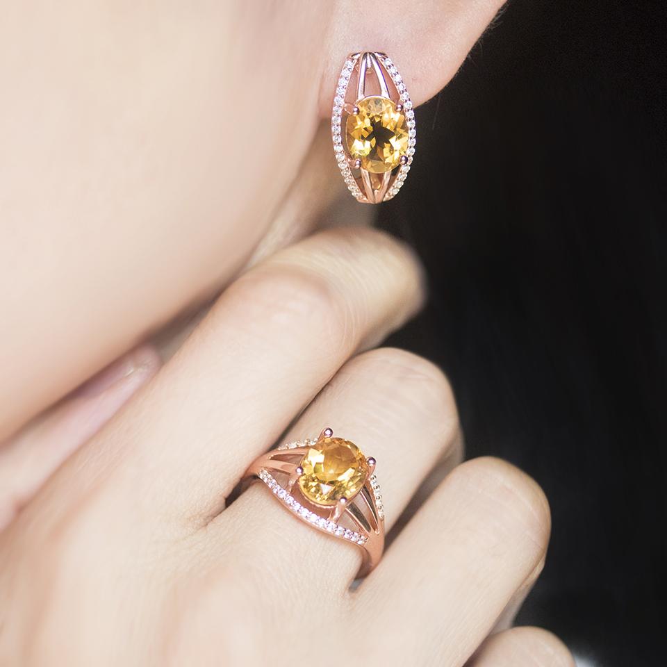 Natural Golden Citrine Jewelry Sets 925 Sterling Silver Earrings Ring Oval 10*8mm Gemstone Jewellry for Women Wedding Gift