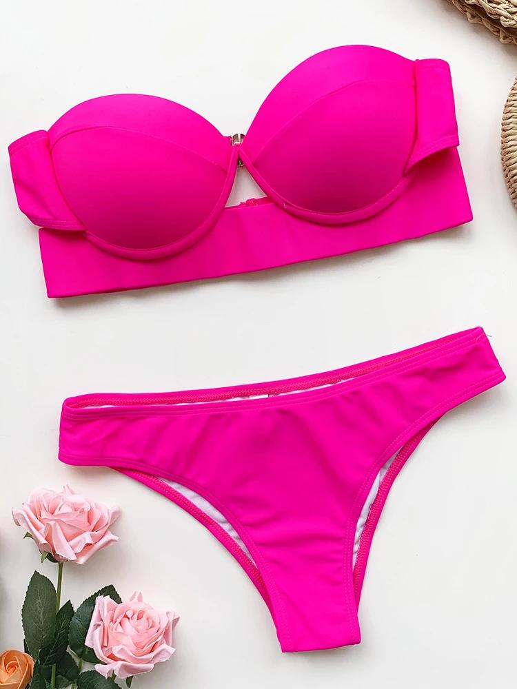 Неоново-зеленый бюстгальтер пуш-ап чашка бикини женский бандо купальник женский купальный костюм комплект из двух предметов бикини бразильский купальник Swim Lady