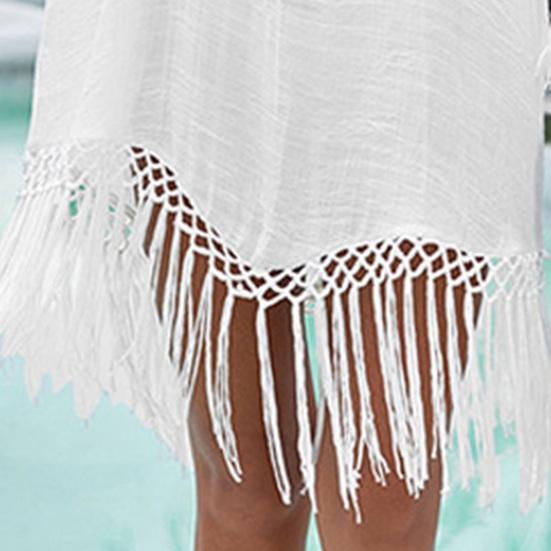 Пляжное платье-накидка с V-образным вырезом, тканое, с ажурным вырезом, манжетами и бахромой, подол, прикрытие бикини, защита от ультрафиолета, пляжное платье