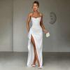 Женское осенне-зимнее сексуальное вечернее платье с разрезом на спине, однотонное платье на бретелях