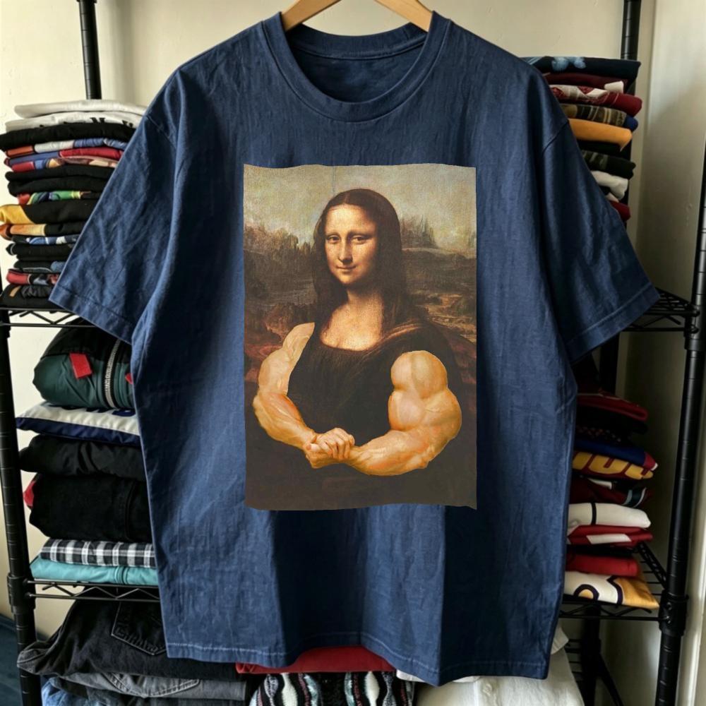 Смешная футболка с принтом Мускулистой Моны Лизы Streetwear Мода Унисекс Эстетичный Топ с Коротким Рукавом Дизайн с Принтом Юмор Повседневная Одежда