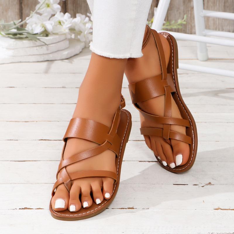Лето 2024 года, популярные женские сандалии на низком каблуке большого размера, однотонная верхняя модная женская обувь для пляжного отдыха