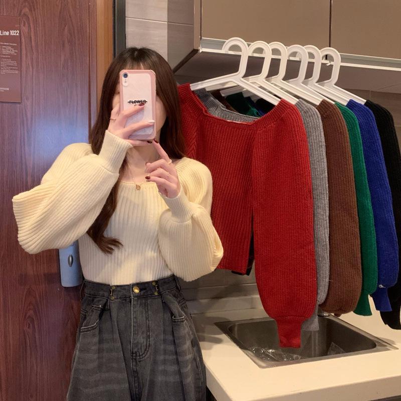 Высококачественный свитер с пышными рукавами и квадратным вырезом - Осенне-зимний приталенный универсальный топ