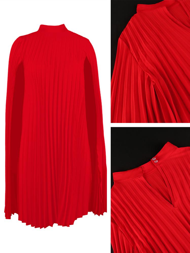 AOMEI Party Dresses for Women Stand Collar Pleated Cape Sleeve Loose Midi Dresses Elegant Lady Evening Wedding Birthday Events Red Outfit