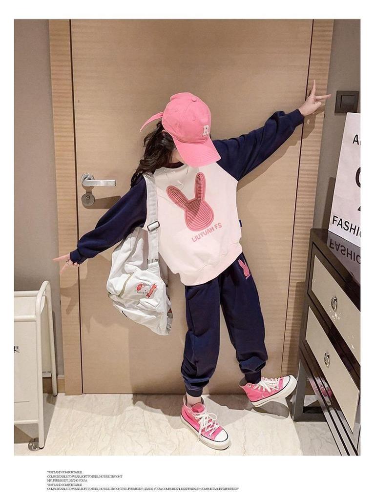 Девочки, цветной мультяшный спортивный костюм: Топ с длинным рукавом и свободные брюки для весны/осени