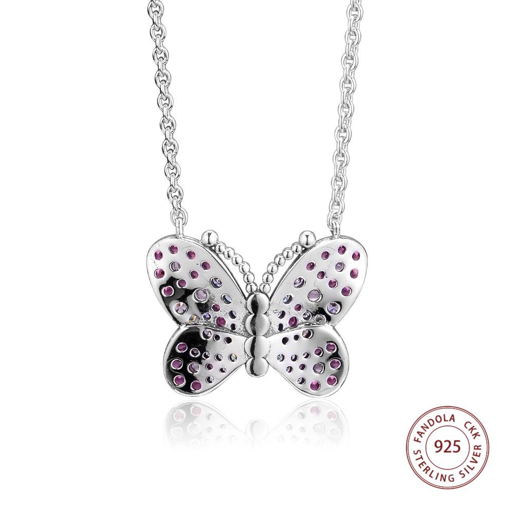 Genuine 925 Sterling Silver Necklace Dazzling Pink Butterfly Pendant Necklaces for Women Fine Jewelry Gift