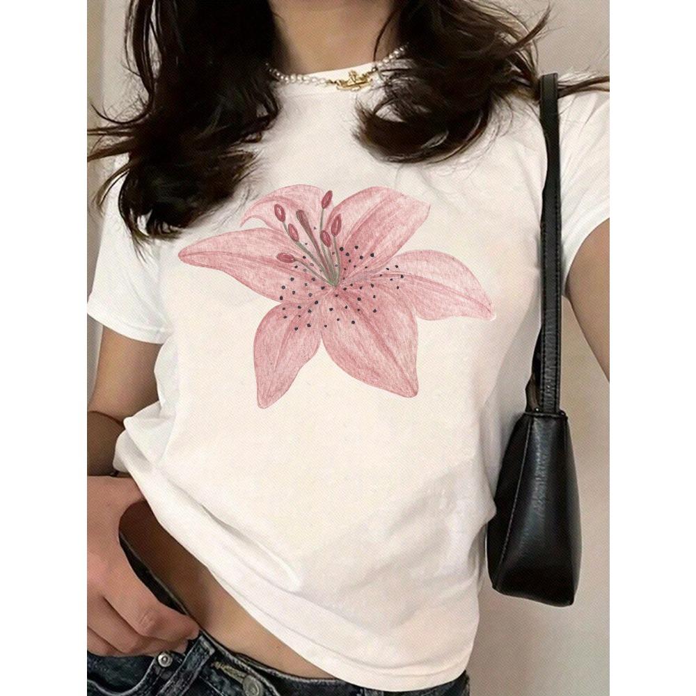 Plus Size Women's Casual Floral Print Women's Crewneck Casual Short Sleeve T-Shirt Summer Harajuku Streetwear Tops Tees Clothes