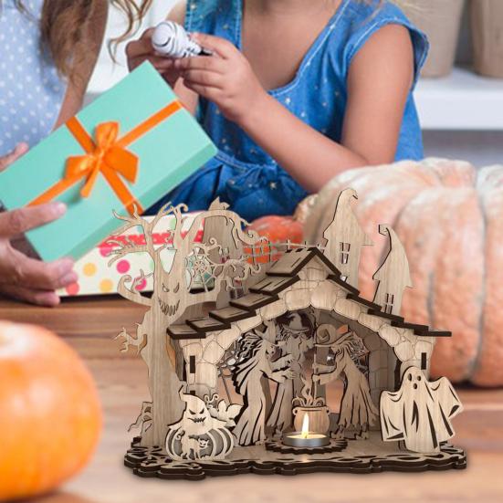 Halloween Candle Holder Spooky Wooden Witch Ghost House Candlestick Decoration for Home Indoor Party Decor