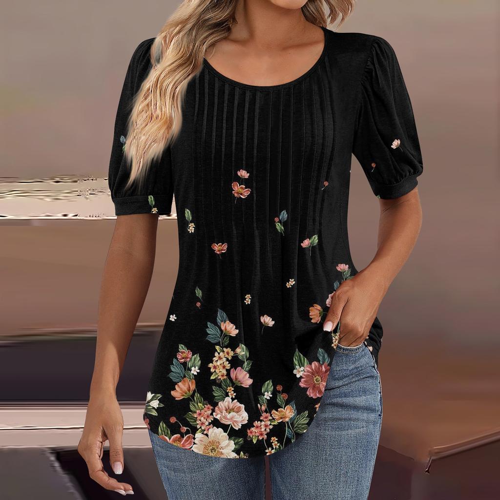 Женские пышные туники с короткими рукавами, топы, плиссированные блузки с воротником, повседневные свободные весенне-летние футболки