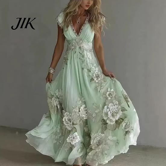 A-line Silhouette Dress Summer Floral Maxi for Women Short Sleeve V Elegant Printed Neck Swing Beach Vacation Sundress Lightweight