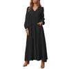 Women's Casual Maxi Dress V-Neck Loose A-Line Pleated Dress Long Sleeve Retro Cotton Linen Dress for Work Street Vacation
